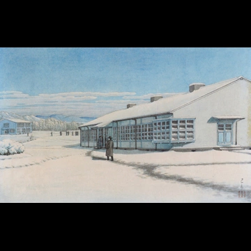 「学園本部の入った短期大学校舎（冬）」 川瀬巴水 （1950年）