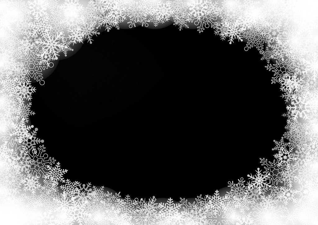 6種類の雪の結晶の楕円形の飾り枠の背景イラストとベクター | 黒色