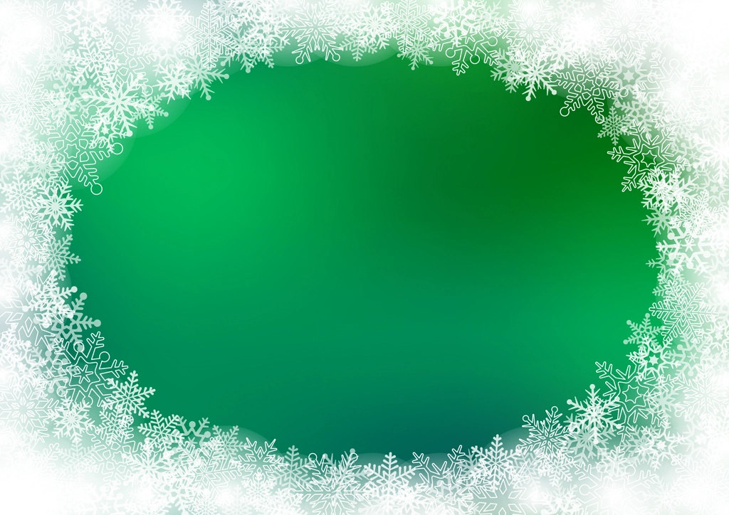 6種類の雪の結晶の楕円形の飾り枠の背景イラストとベクター | 緑色