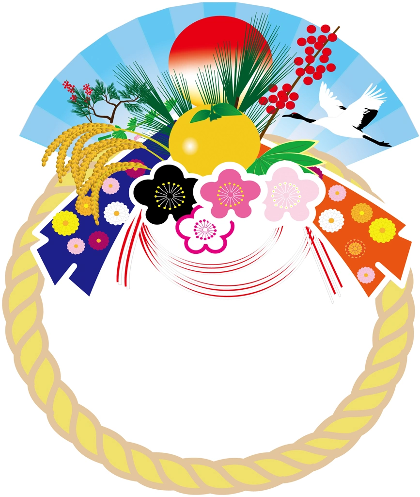 3種類の注連飾りのイラストとベクター | 松竹梅や南天やみかんや扇子で飾られた注連飾り