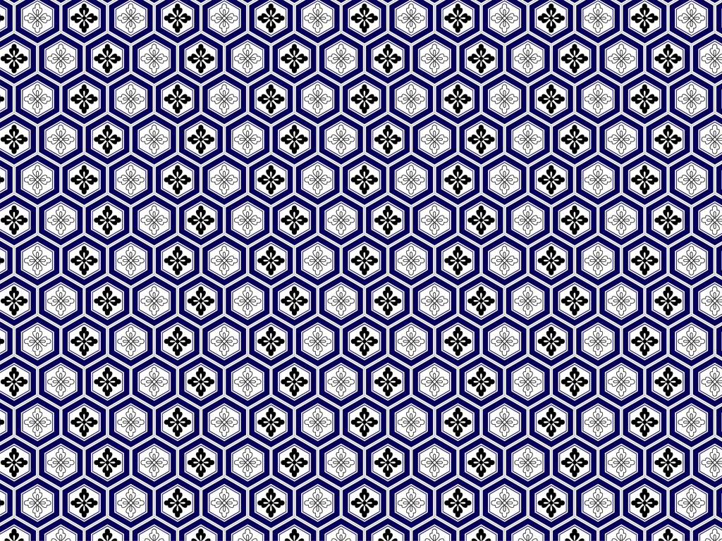 6種類の花菱亀甲文様の背景イラストとベクター | 白色と黒色と青色