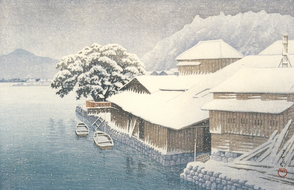 「日本風景集 東日本篇 石の巻の暮雪」 川瀬巴水 （1935年） | 生誕130年 川瀬巴水展 郷愁の日本風景より