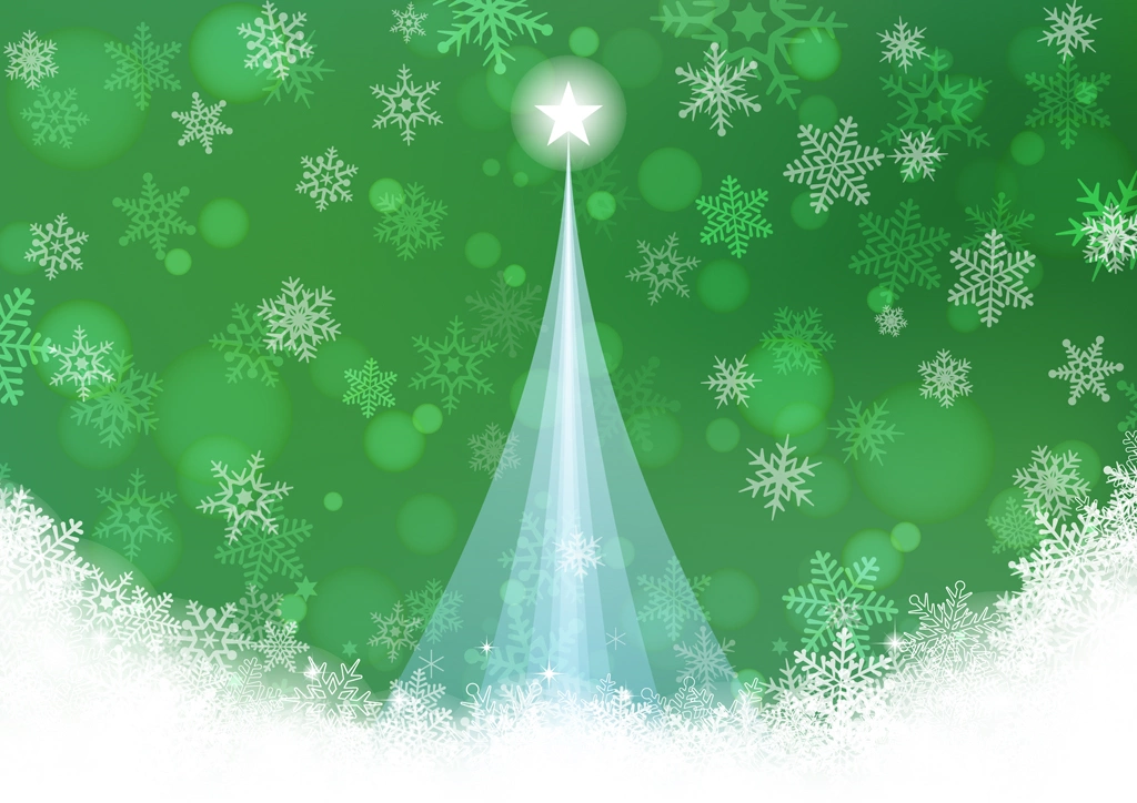 Set of 6 Falling Snowflakes and Christmas Tree Background Illustrations and Vectors | Green
