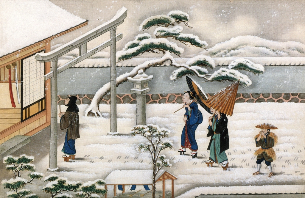 Visiting a Shrine in the Snow by Workshop of Kawahara Keiga (circa 1809-1829) | from Ukiyo-e Masterpieces in European Collections: Bibliothèque nationale de France