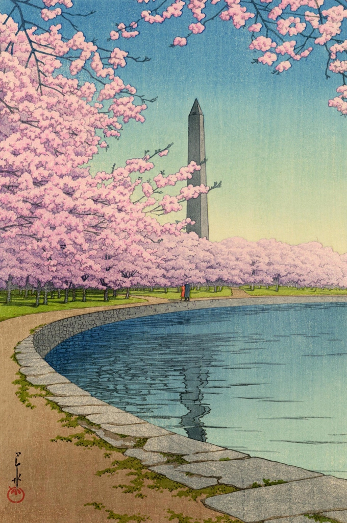 「華盛頓記念塔（ポトマック河畔）」 川瀬巴水 （1935年） | 2