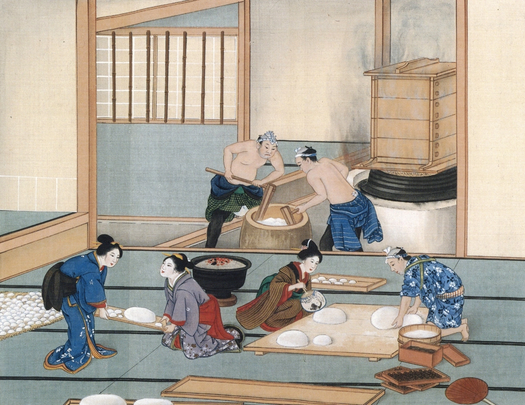 Pounding and Shaping Rice Cakes by Workshop of Kawahara Keiga (circa 1809-1829) | from Ukiyo-e Masterpieces in European Collections: Bibliothèque nationale de France