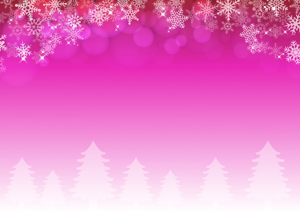 6種類の雪の結晶と冬の木々の背景イラストとベクター | ピンク色