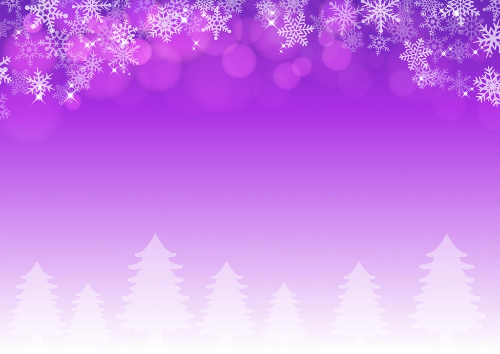 6種類の雪の結晶と冬の木々の背景イラストとベクター | 紫色