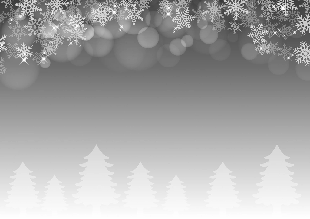 6種類の雪の結晶と冬の木々の背景イラストとベクター | 銀色