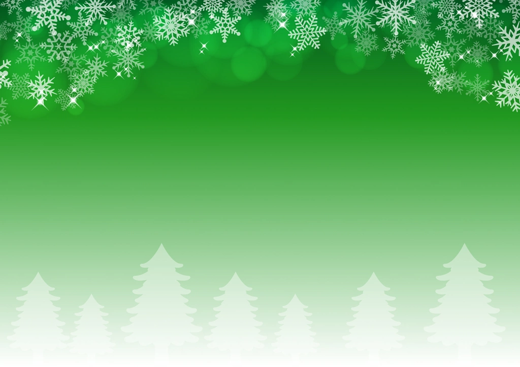 6種類の雪の結晶と冬の木々の背景イラストとベクター | 緑色