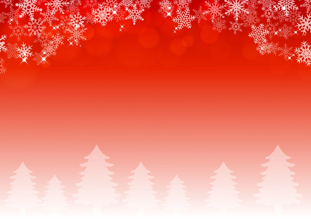 6種類の雪の結晶と冬の木々の背景イラストとベクター | 赤色