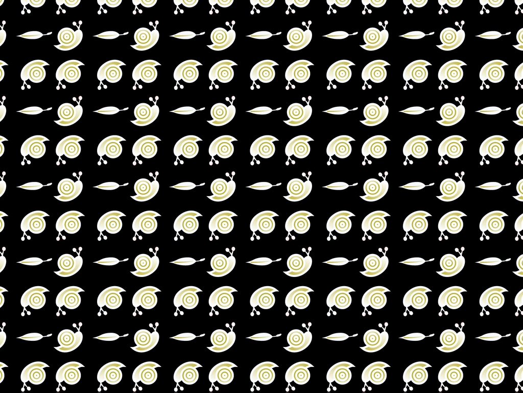5種類のかたつむりと葉っぱのパターン背景イラストとベクター | 金色と黒色