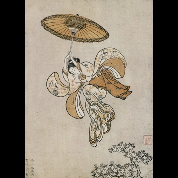 「清水の舞台より飛ぶ美人（絵暦）」 鈴木春信 （1765年）