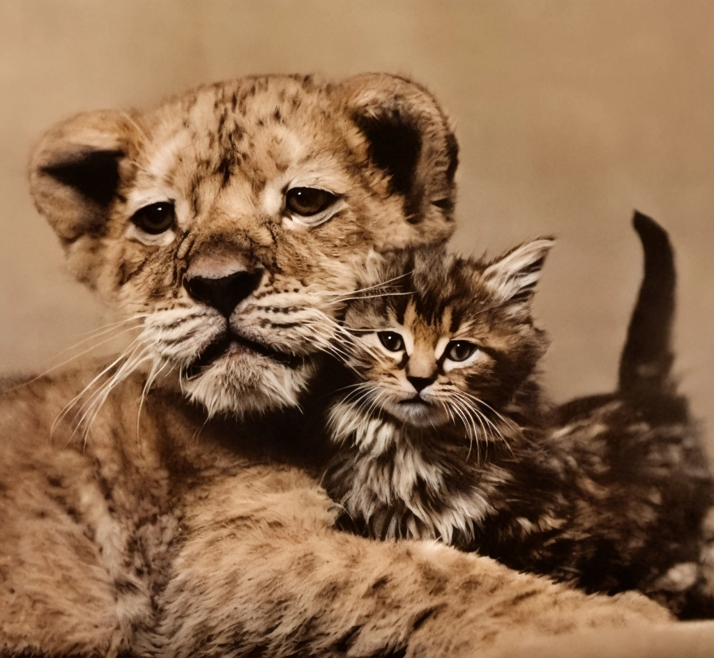 Untitled (The Lion Cub and Kitten are Good Friends) by Ylla | AI Colorization