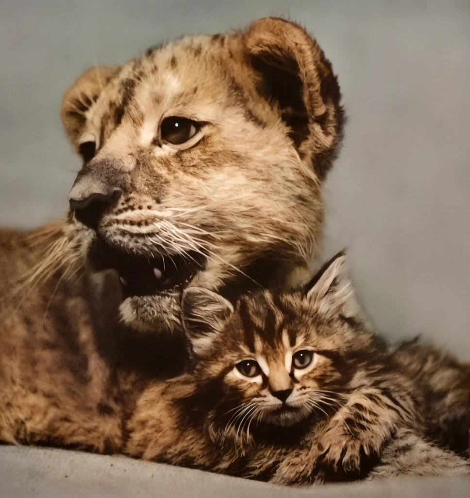 Untitled (a Lion Cub and a Kitten) by Ylla | AI Colorization