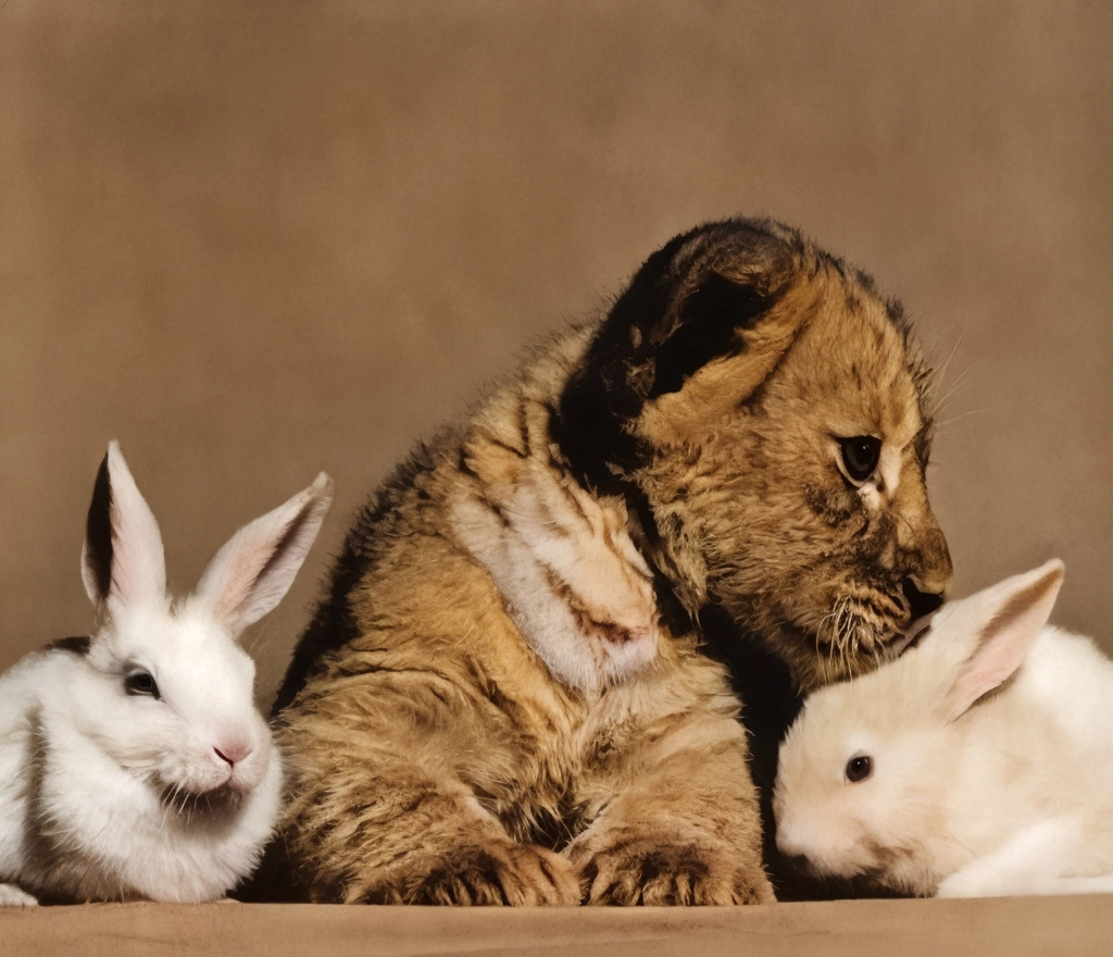 Untitled (a Lion Cub and Rabbits) by Ylla | AI Colorization