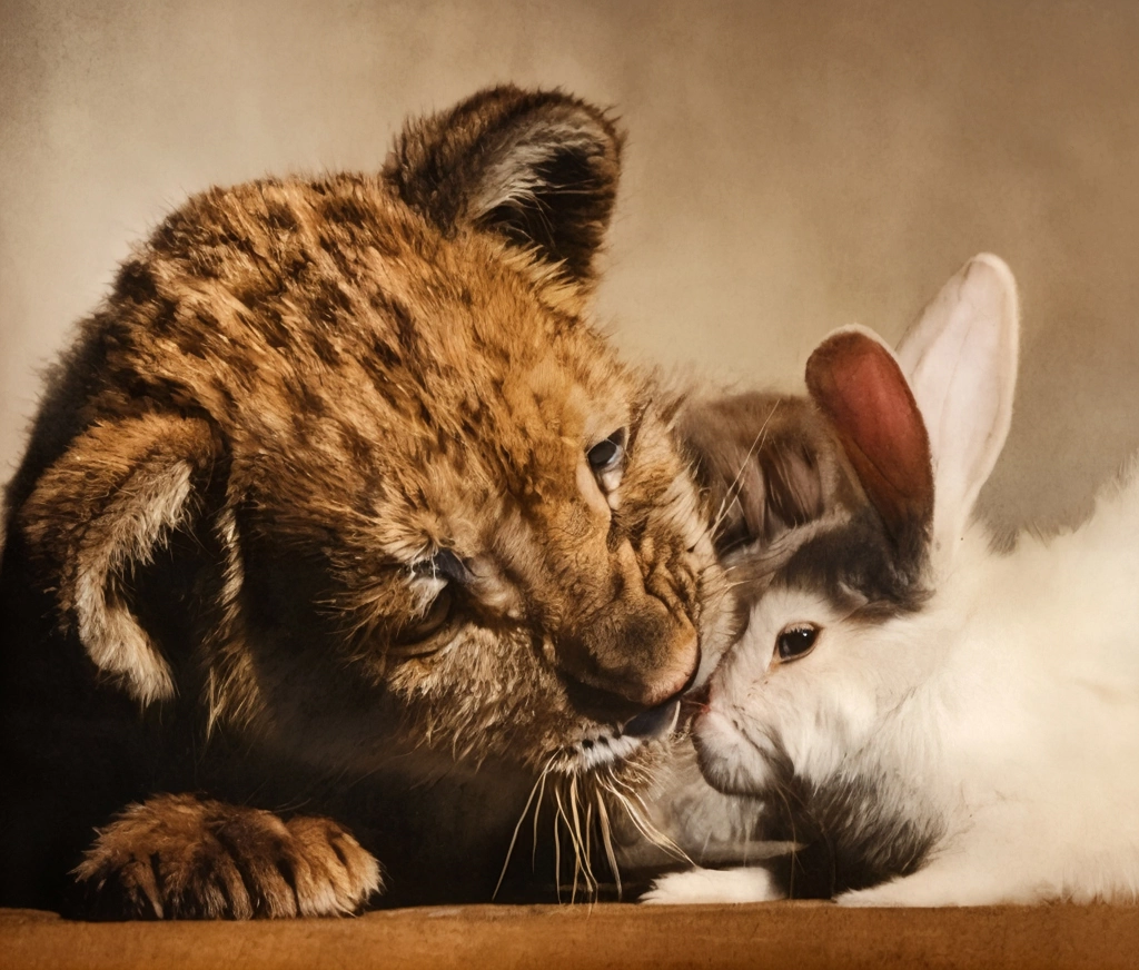 Untitled (A Lion Cub and a Rabbit) by Ylla | AI Colorization