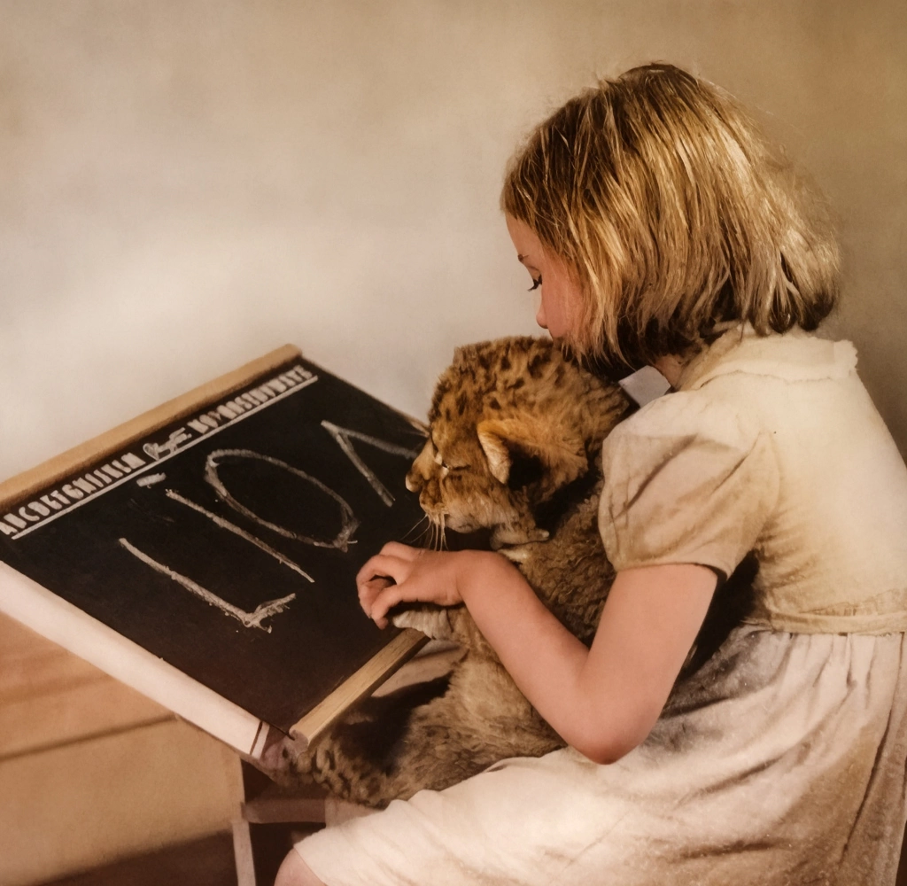 Untitled (A Girl Teaching a Lion Cub to Read) by Ylla | AI Colorization