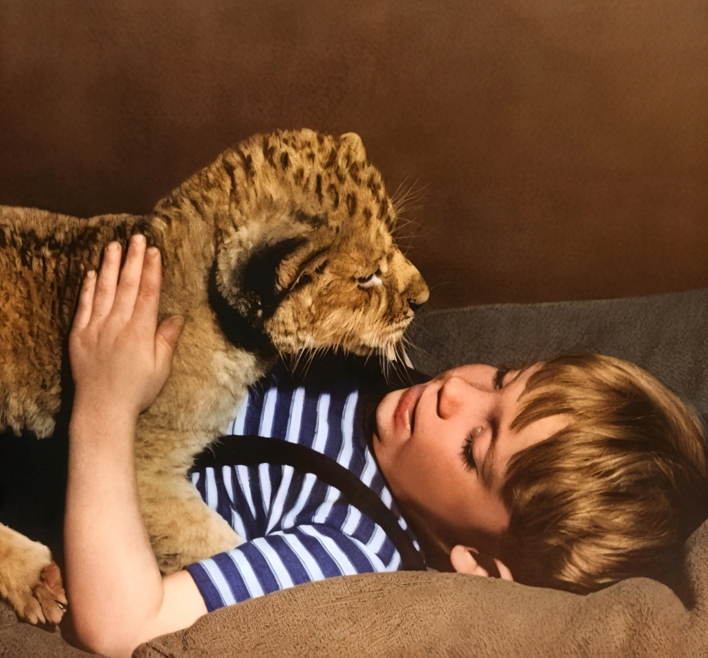 Untitled (A Boy and a Lion Cub) by Ylla | AI Colorization