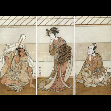 Arashi Sangoro II as Jūro, Segawa Tomisaburo I as the Courtesan Shōshō and Nakajima Mihoemon II as Kajiwara by Katsukawa Shunshō (1774)