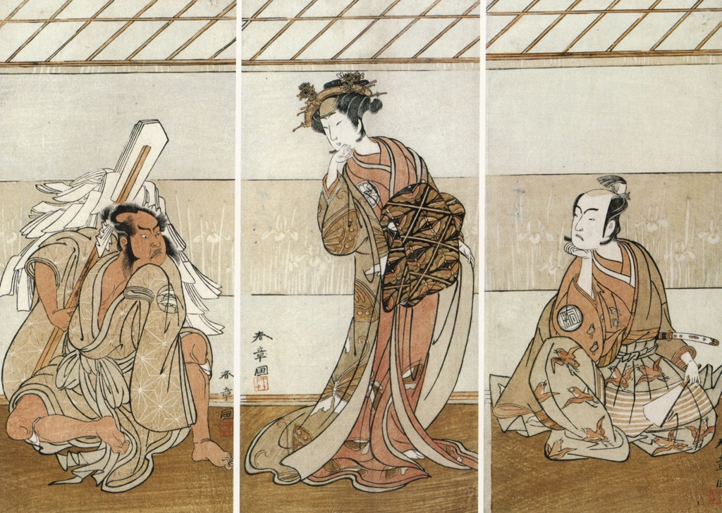 Arashi Sangoro II as Jūro, Segawa Tomisaburo I as the Courtesan Shōshō and Nakajima Mihoemon II as Kajiwara by Katsukawa Shunshō (1774) | from Ukiyo-e Masterpieces in European Collections: Bibliothèque nationale de France