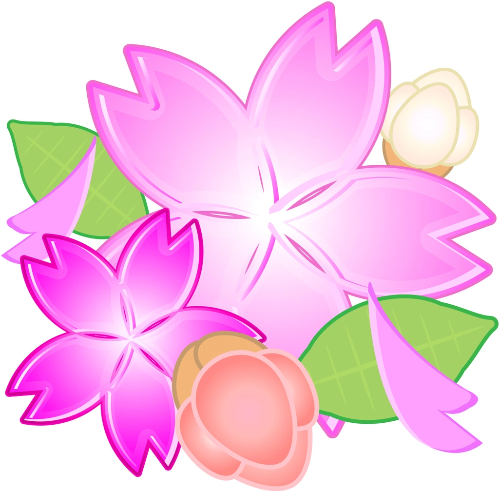 6種類の桜の花と蕾のイラストとベクター | 2個の桜の花と2個の蕾