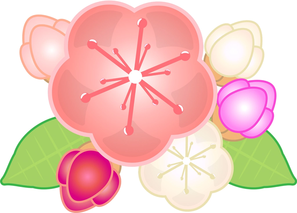 6種類の梅の花と蕾のイラストとベクター | 2個の梅の花と4個の蕾