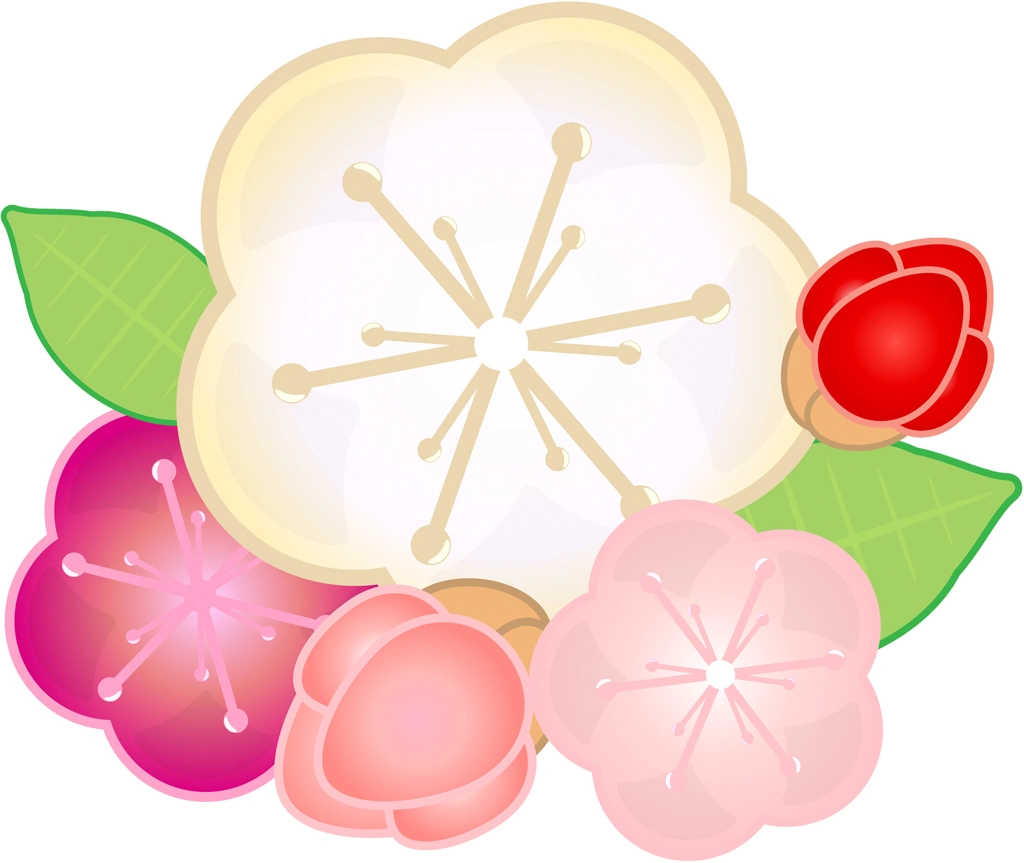 6種類の梅の花と蕾のイラストとベクター | 3個の梅の花と2個の蕾