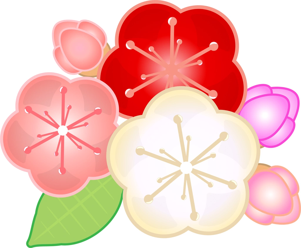 6種類の梅の花と蕾のイラストとベクター | 3個の梅の花と3個の蕾