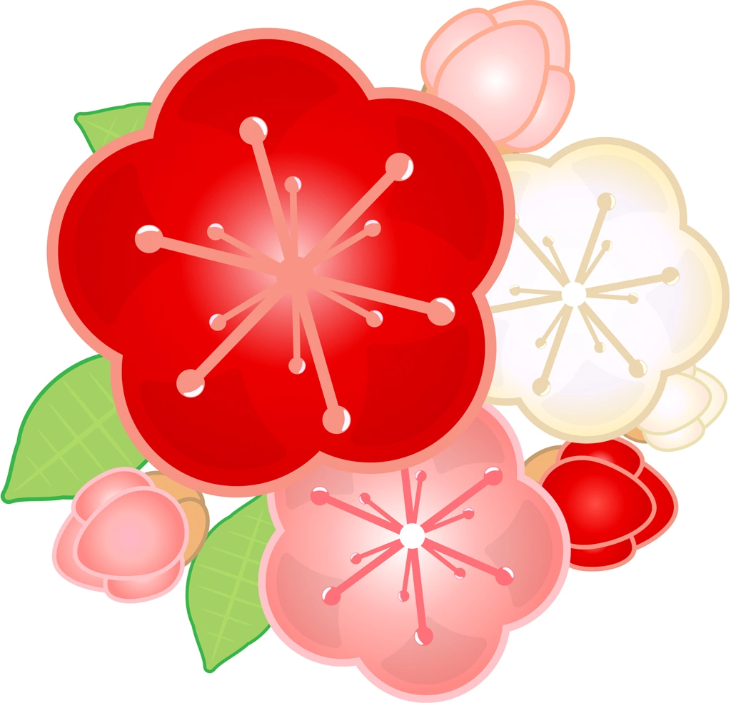 6種類の梅の花と蕾のイラストとベクター | 3個の梅の花と4個の蕾
