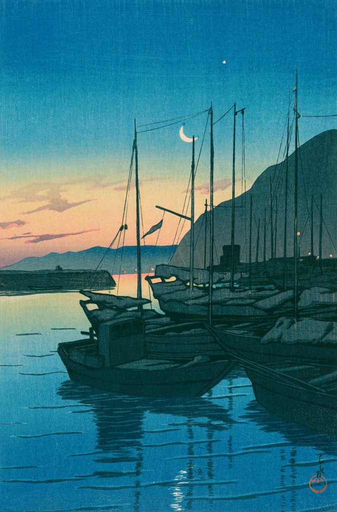 Souvenirs of My Travels, 3rd Series: Morning View at Beppu by Hasui Kawase (1928) | from Kawase Hasui Woodblock Print Collection