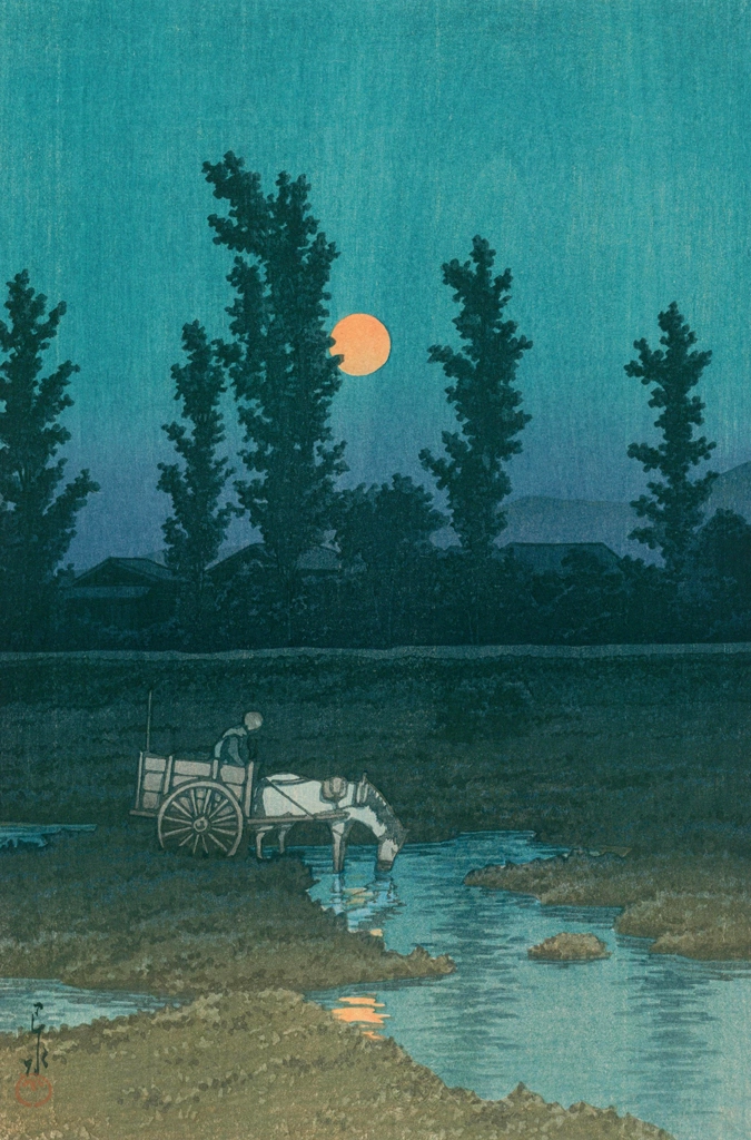 Japanese Sceneries, Eastern Japan Series: Evening Moon over Nakanoshima, Sapporo by Hasui Kawase (1933) | from Kawase Hasui Woodblock Print Collection 2