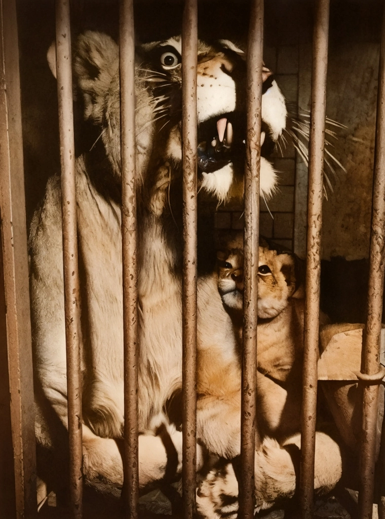 Untitled (A Lion Mother and a Cub in Cage) by Ylla | AI Colorization