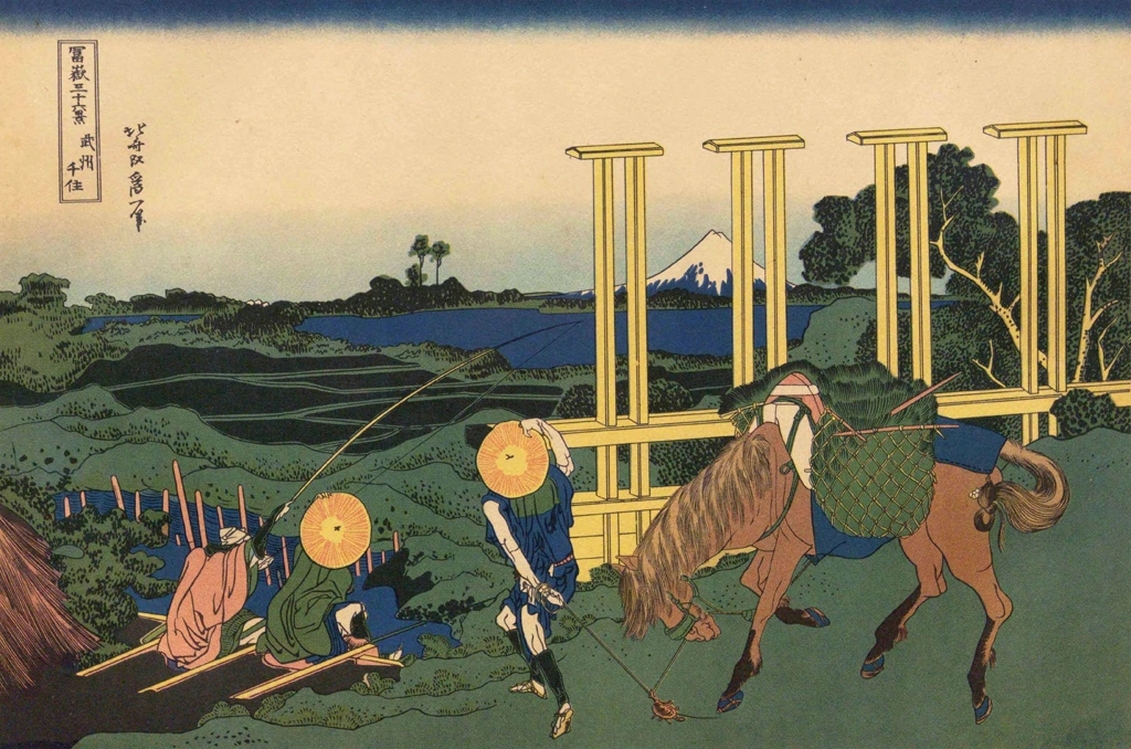 Thirty-Six Views of Mount Fuji: Senju in Musashi Province by Hasui Kawase (circa 1830) | from Katsushika Hokusai Fujiyama 36 view