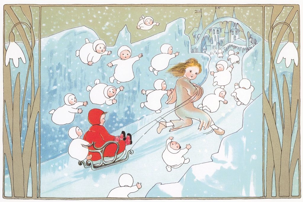 Plate #3 (A Wind Child Pulling a Sled with the Girl on It) from “The Story of the Snow Children” by Sibylle von Olfers | Original