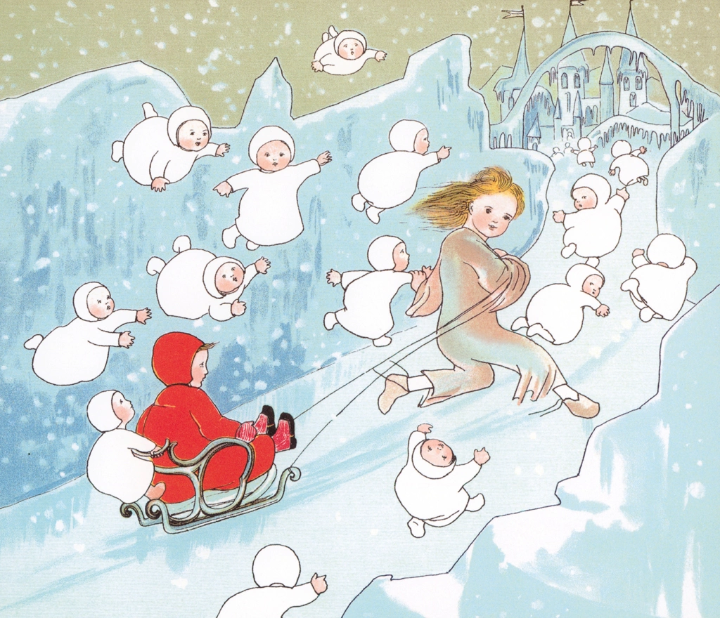 Plate #3 (A Wind Child Pulling a Sled with the Girl on It) from “The Story of the Snow Children” by Sibylle von Olfers | Cropped