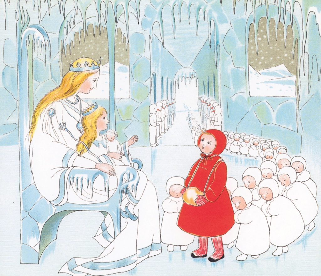 Plate #4 (A Girl Greeting the Queen and Princess) from “The Story of the Snow Children” by Sibylle von Olfers | Cropped
