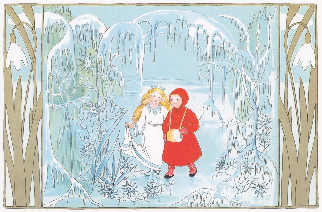 Plate #6 (Girl Taking a Walk With a Princess) from “The Story of the Snow Children” by Sibylle von Olfers | Original