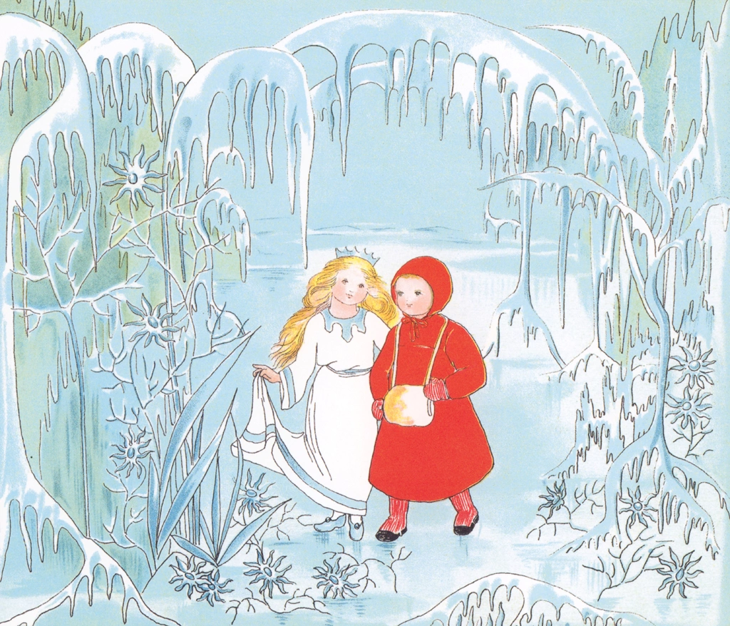 Plate #6 (Girl Taking a Walk With a Princess) from “The Story of the Snow Children” by Sibylle von Olfers | Cropped
