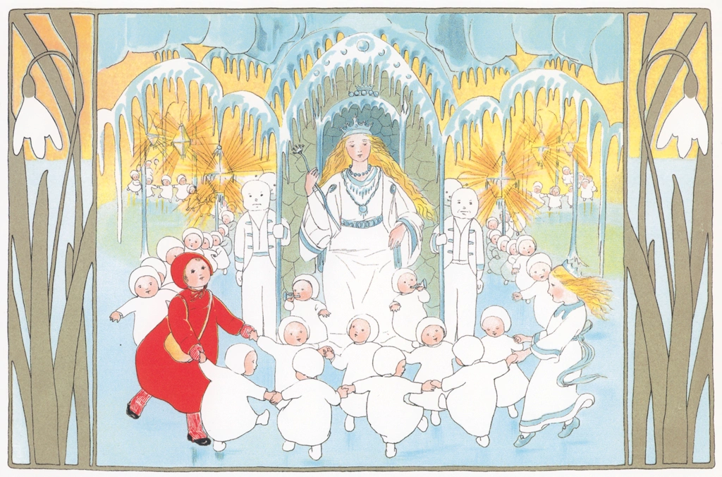 Plate #7 (A Girl, a Princess, And Snow Children Dancing in Front of the Queen) from “The Story of the Snow Children” by Sibylle von Olfers | Original