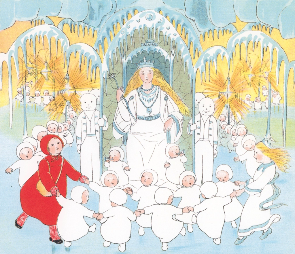 Plate #7 (A Girl, a Princess, And Snow Children Dancing in Front of the Queen) from “The Story of the Snow Children” by Sibylle von Olfers | Cropped