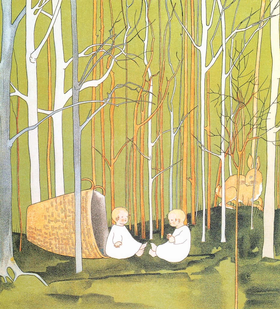 Plate #1 (Children Waking Up after Tumbling Out of the Basket) from “The Story of the Rabbit Children” by Sibylle von Olfers | Cropped