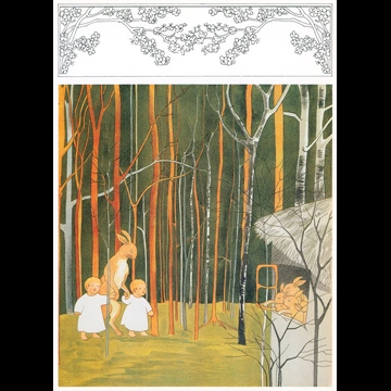 「うさぎのくにへ 挿絵 #2 （人間の子供たちを自宅に連れて帰る母さんうさぎ）」 ジビュレ・フォン オルファース