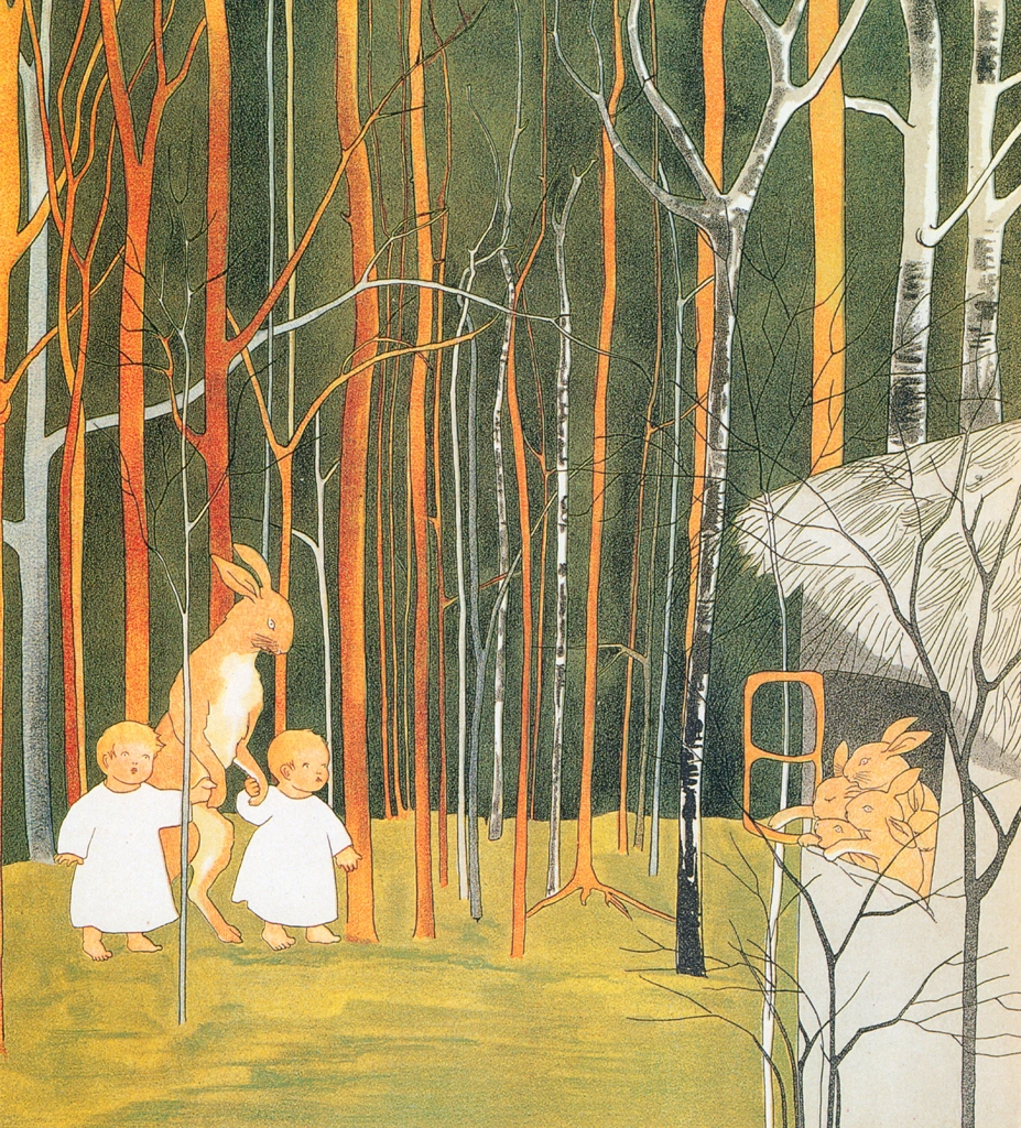 Plate #2 (A Mother Rabbit Taking the Human Children Home) from “The Story of the Rabbit Children” by Sibylle von Olfers | Cropped