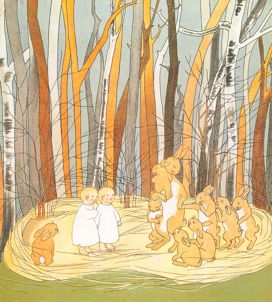Plate #3 (Two Human Children and a Family of Rabbits) from “The Story of the Rabbit Children” by Sibylle von Olfers | Cropped