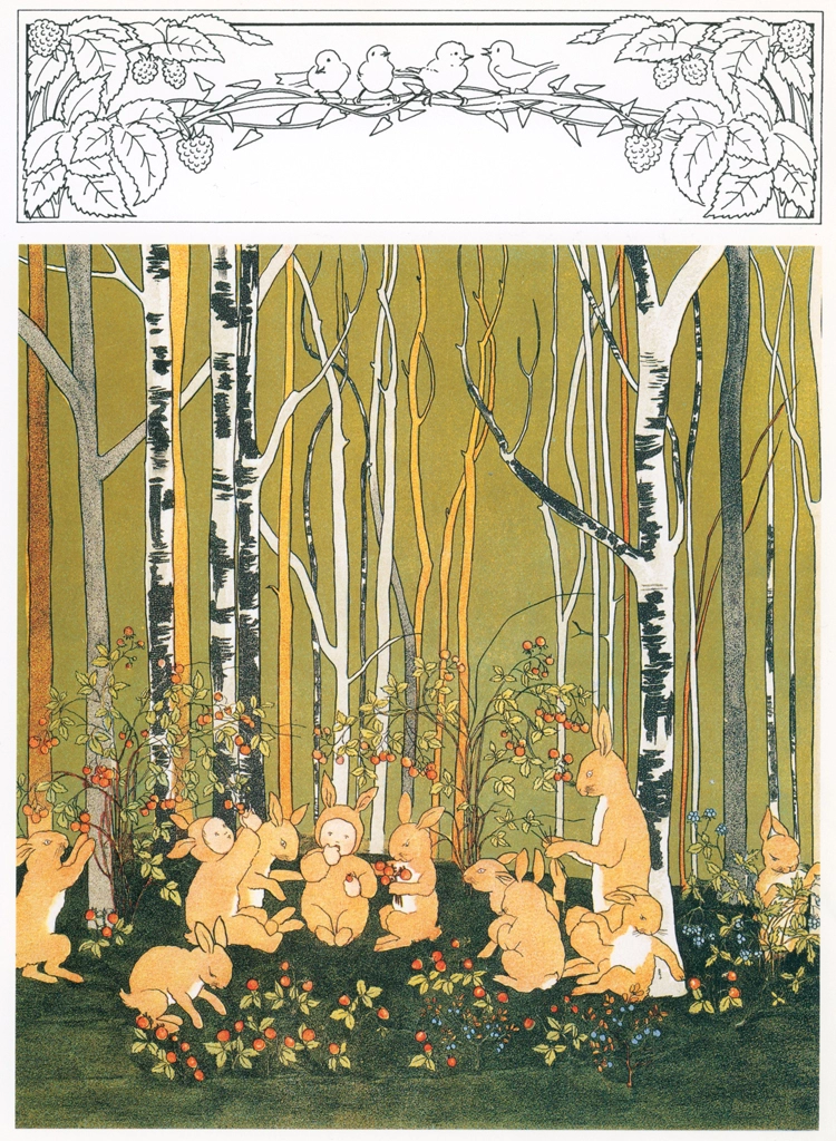 Plate #4 (A Family of Rabbits and Two Human Children Eating Strawberries) from “The Story of the Rabbit Children” by Sibylle von Olfers | Original