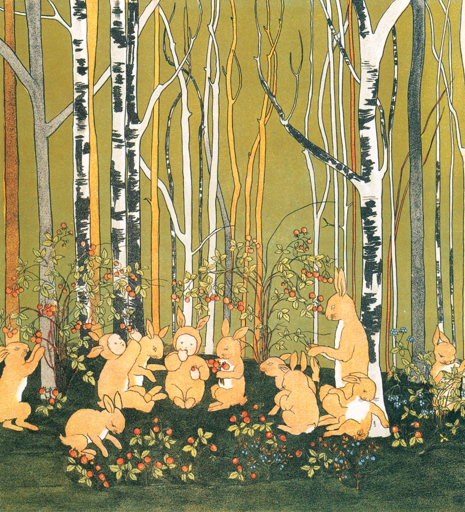 Plate #4 (A Family of Rabbits and Two Human Children Eating Strawberries) from “The Story of the Rabbit Children” by Sibylle von Olfers | Cropped
