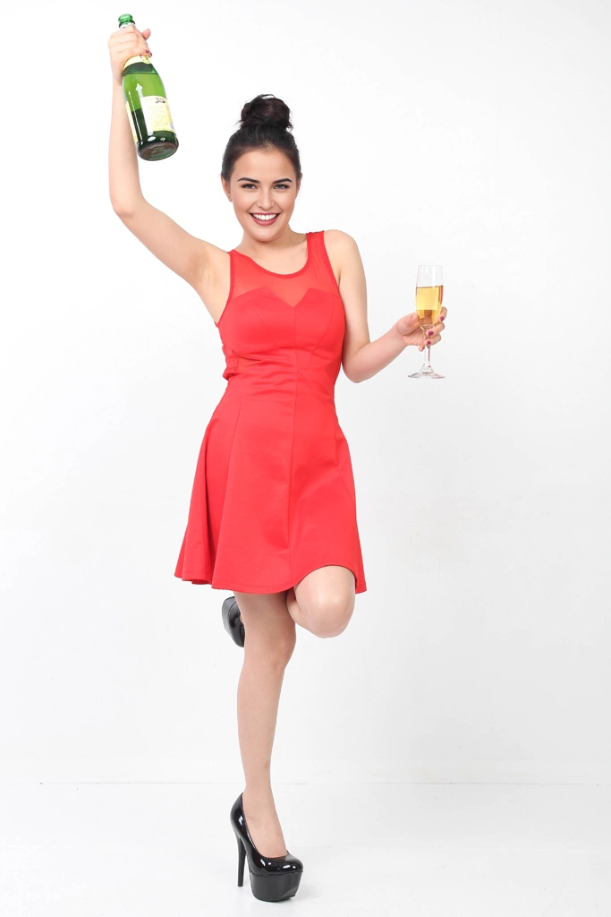 Set of 5 Portrait Photos a Woman in Red Party Dress Holding Up a Bottle of Champagne | Woman #2 （face change by AI）