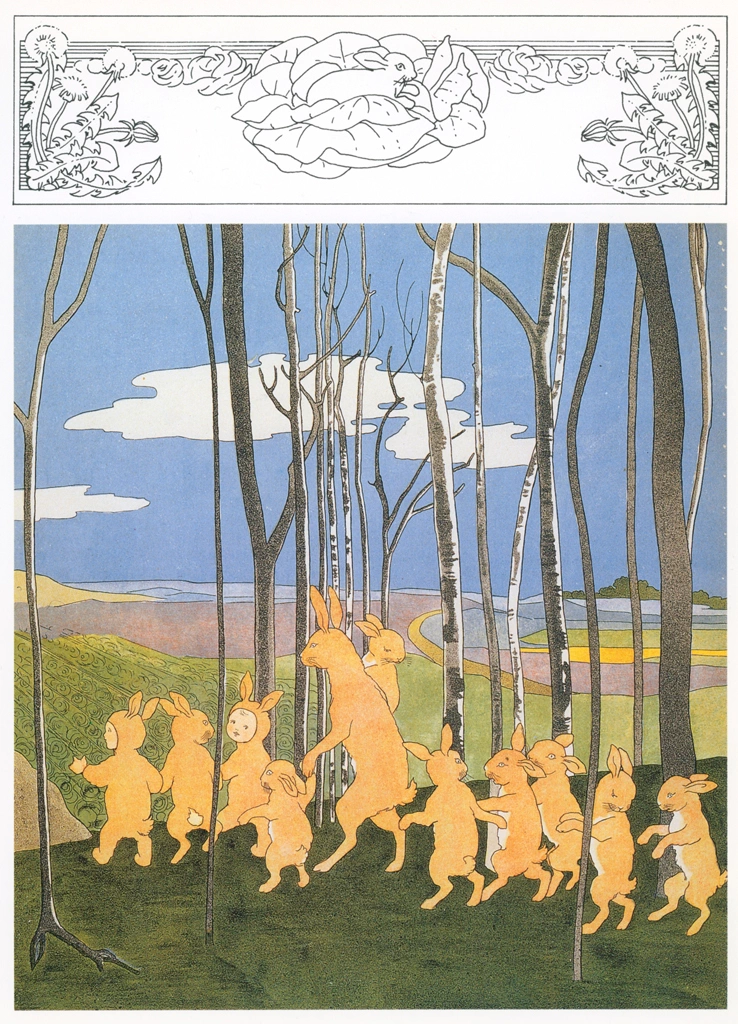 Plate #5 (The Rabbit Family and Human Children on a Walk) from “The Story of the Rabbit Children” by Sibylle von Olfers | Original