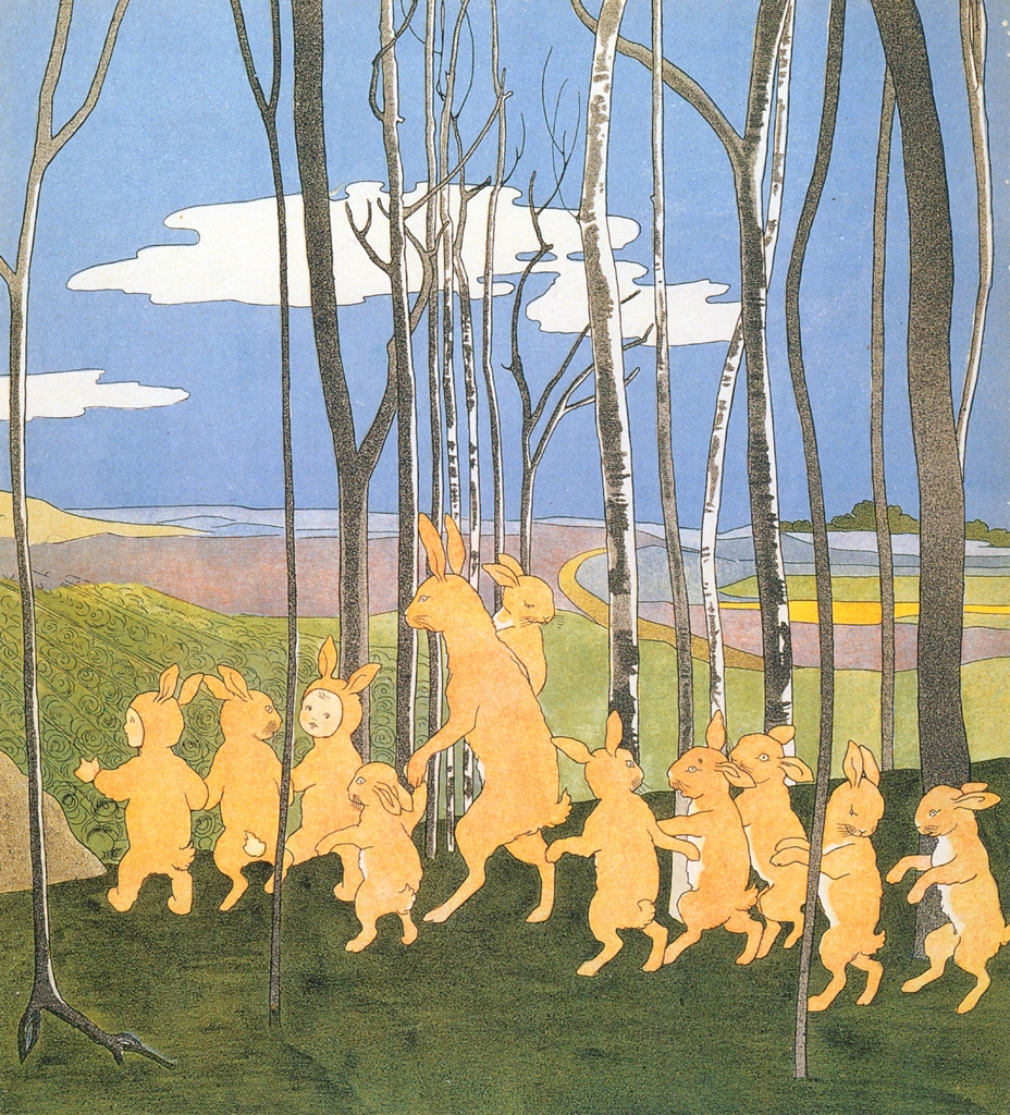 Plate #5 (The Rabbit Family and Human Children on a Walk) from “The Story of the Rabbit Children” by Sibylle von Olfers | Cropped